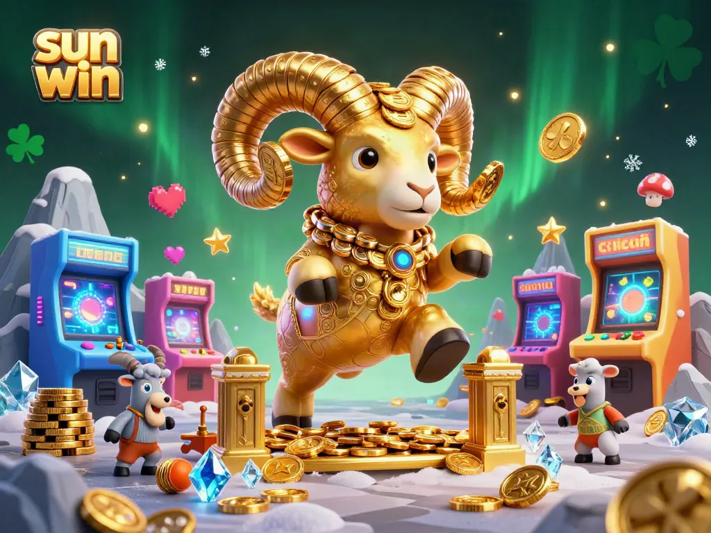 Play exciting games at sun win, featuring a golden ram charging through a dynamic casino scene.