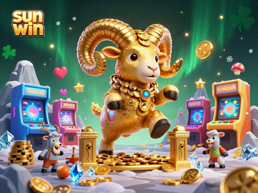 Play exciting games at sun win, featuring a golden ram charging through a dynamic casino scene.