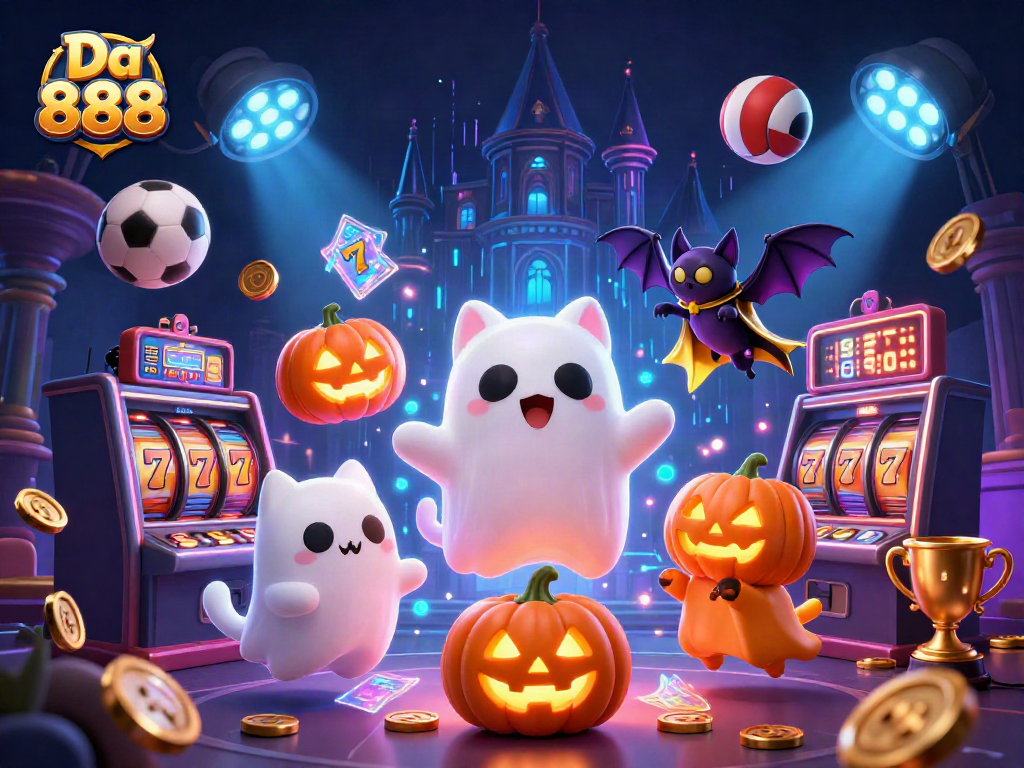 Engage with Da 888 in a lively haunted casino scene filled with exciting gambling elements.