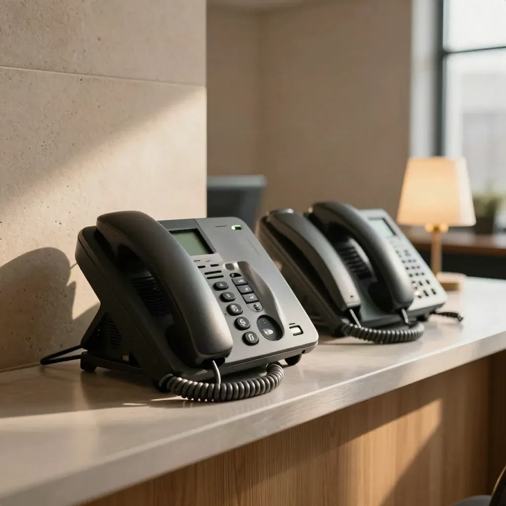Desk phones and wall modules glowing on a reception shelf in warm afternoon light.