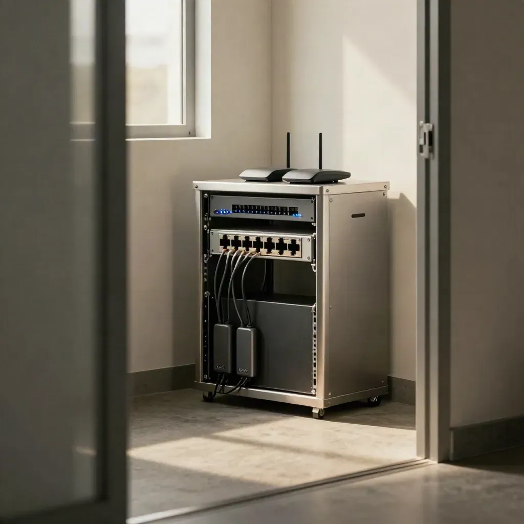 VoIP rack in a modern office utility corner with router, switch, DECT bases and glowing LEDs.