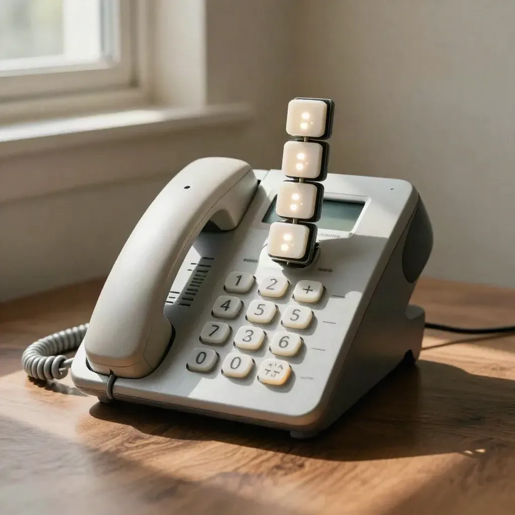 Stacked desk phone modules with glowing IVR lights on walnut.