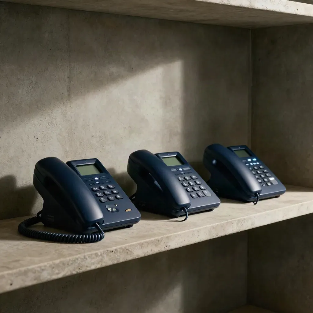 Three navy desk phones linked to a gateway on a dim telecom shelf, lights glowing