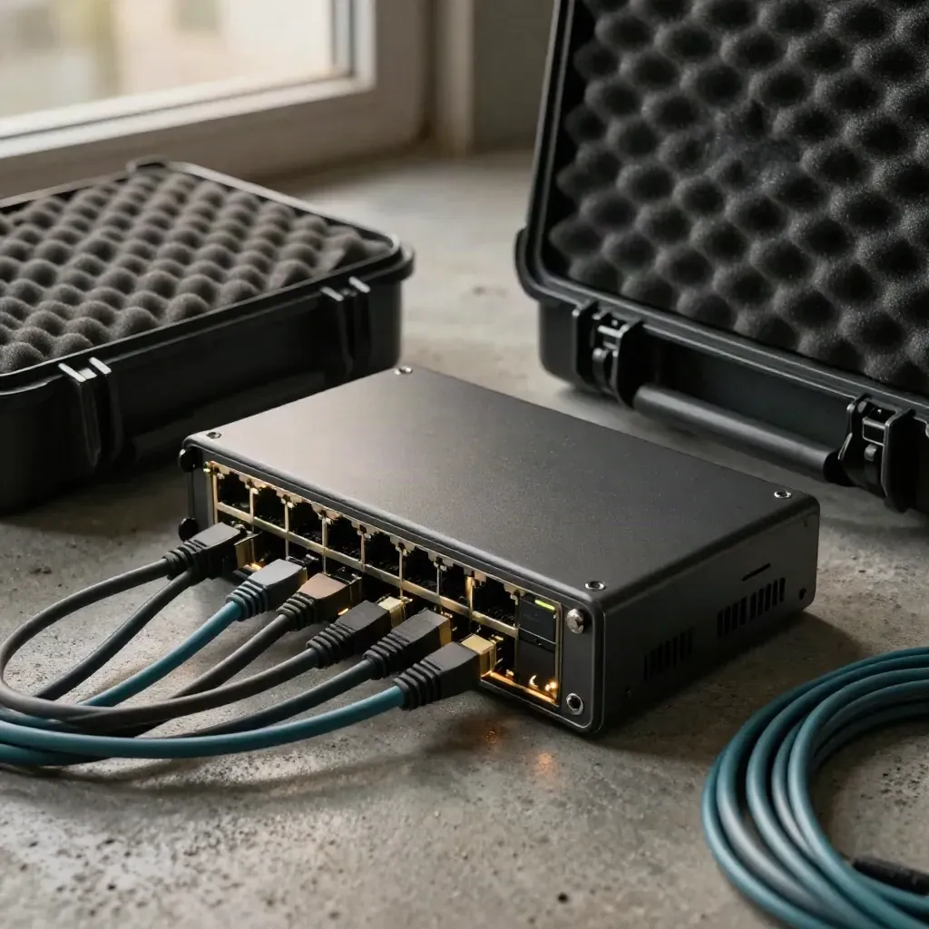 Rugged network switch with patch leads and a half-open hard case on brushed concrete.