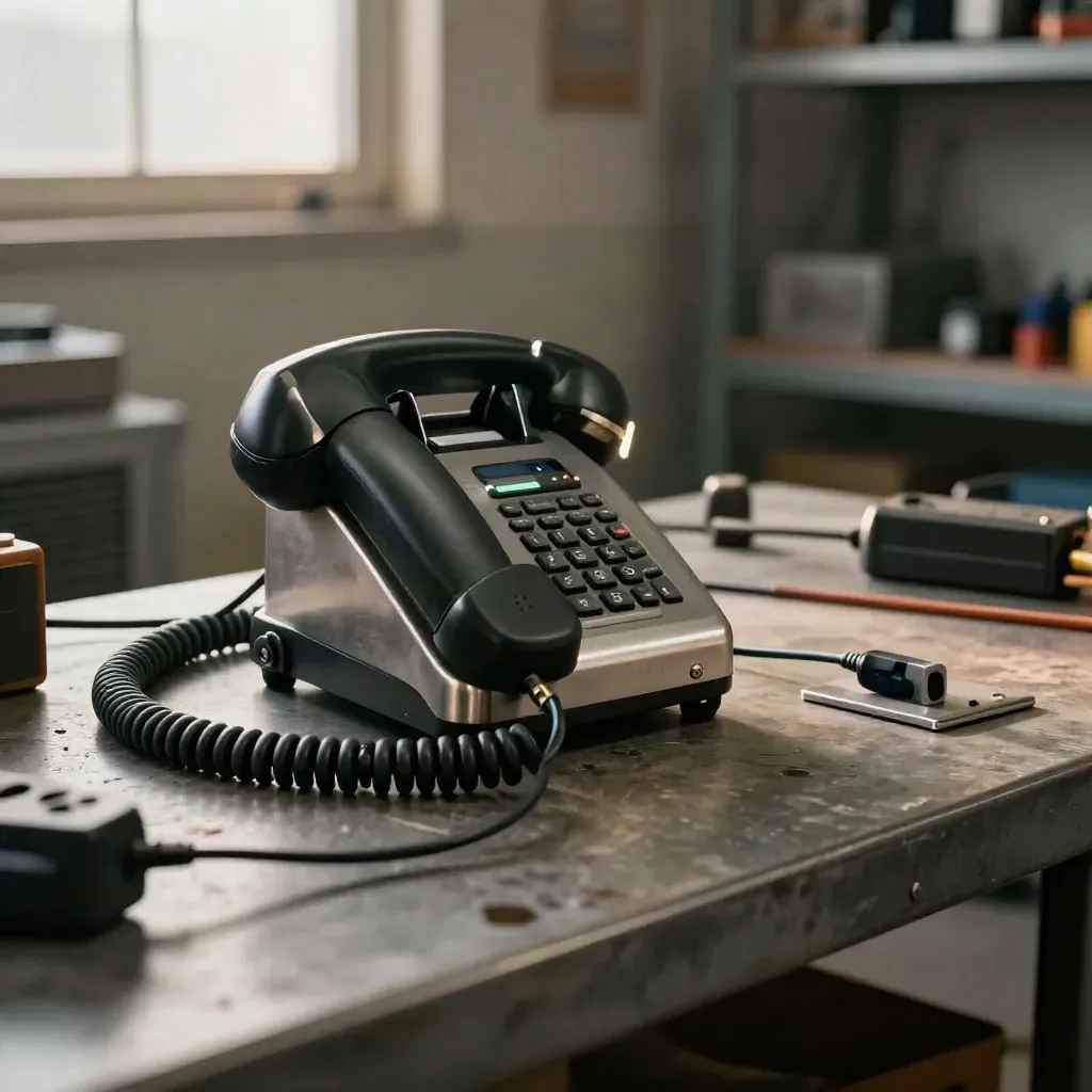 Rugged dispatch phone kit on a metal bench in a hazy workshop