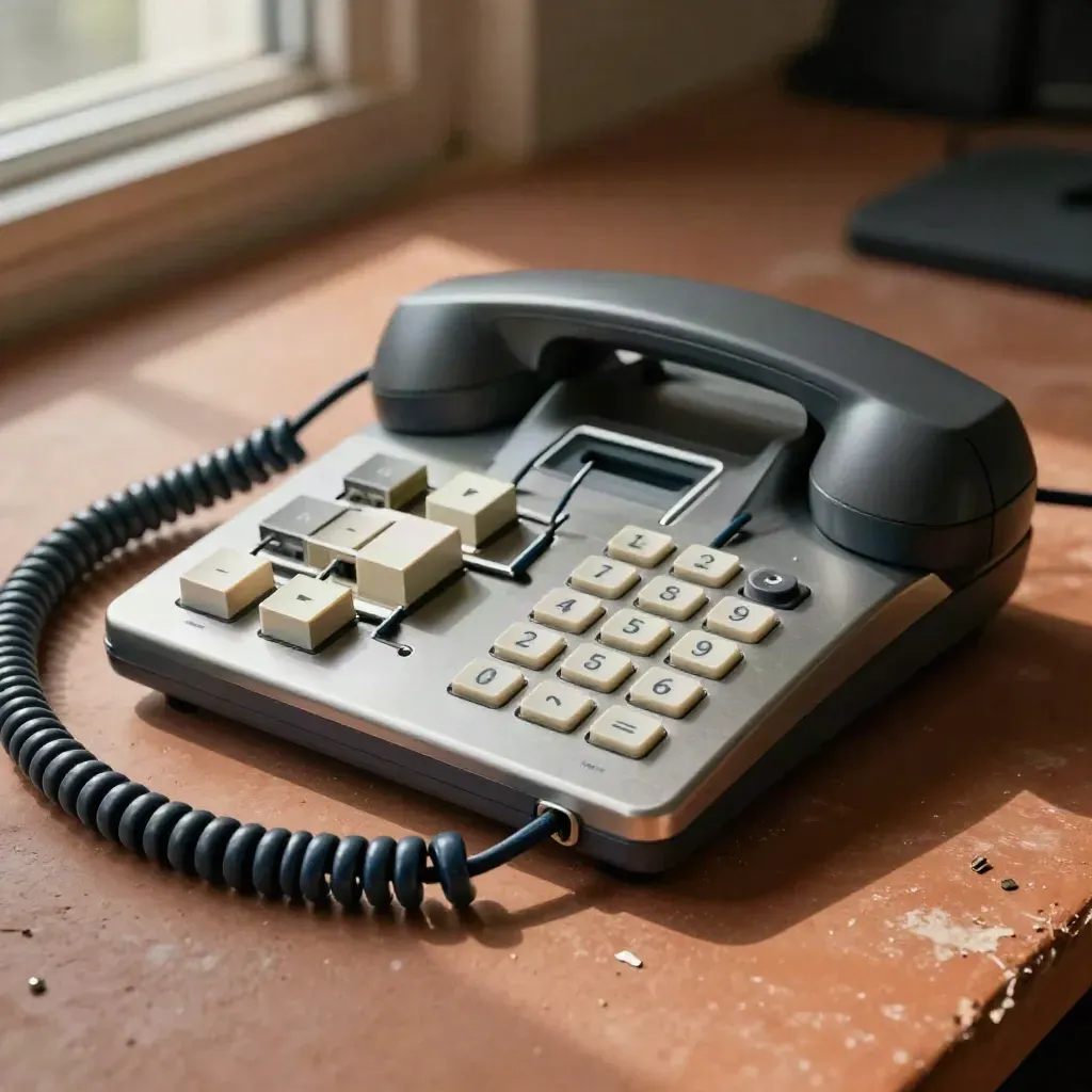 IVR keypad module, branching cables and handset cradle on terracotta clay