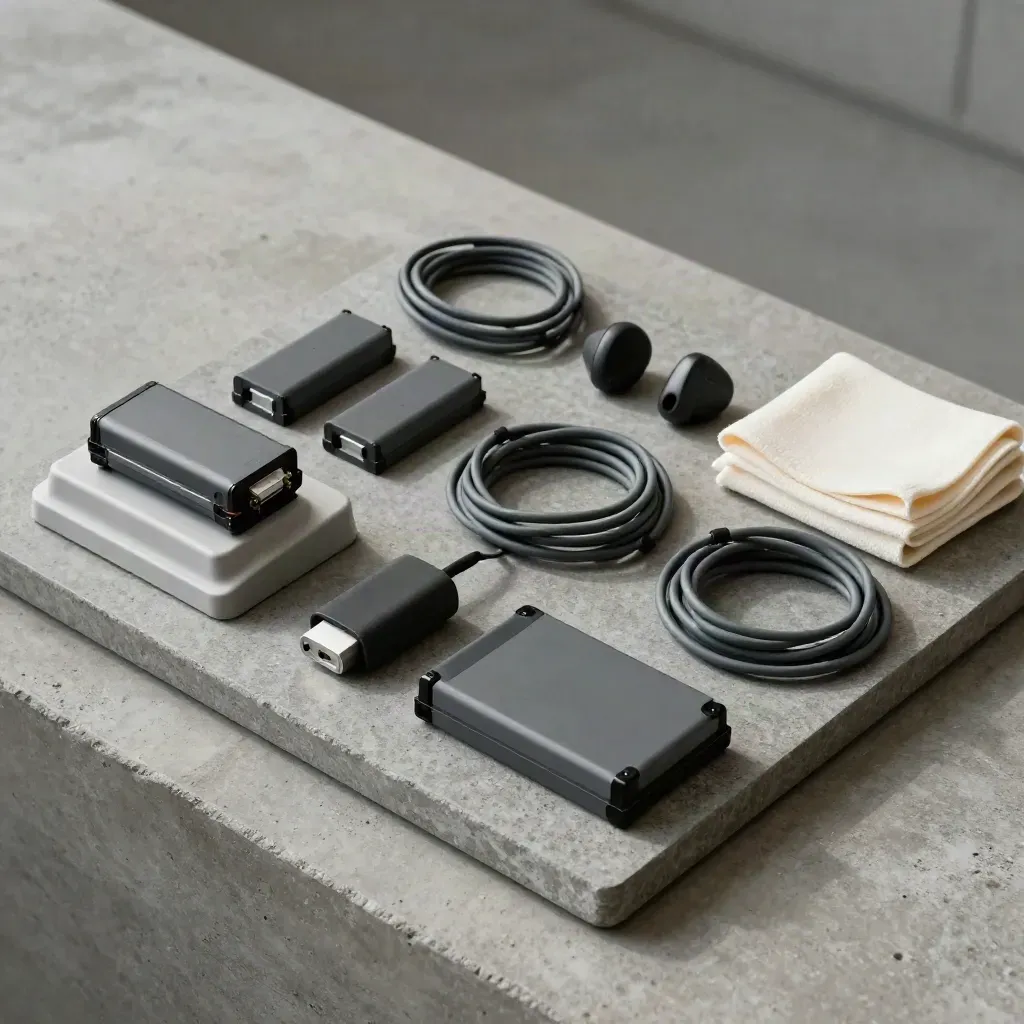 Handset maintenance kit with batteries, cords, earpieces, cloth and charging dock on stone tray.