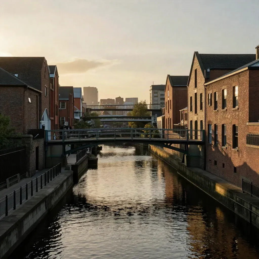 Golden-hour Birmingham canal with steel bridges, brick facades and calm reflective water