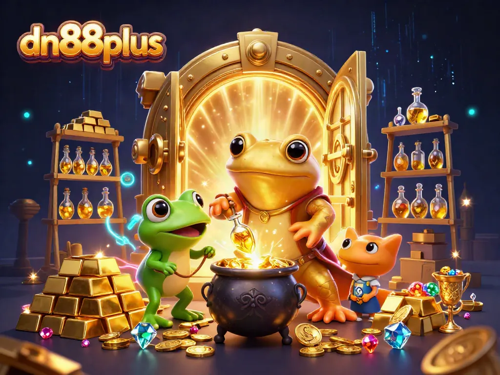 Experience the vibrant world of dn88plus with a magical 3D casino illustration featuring alchemists and treasures.