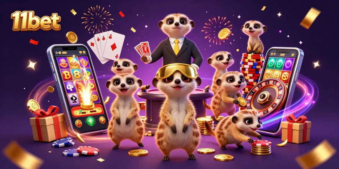 Experience thrilling gaming at 11bet with meerkats managing a vibrant casino atmosphere.