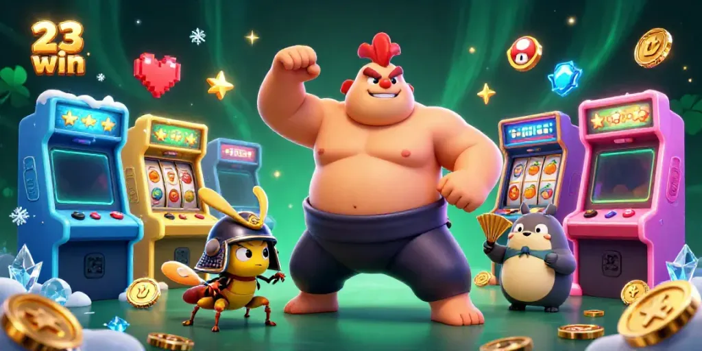 Engaging scene showcasing the vibrant energy of 23 win casino gaming with characters featuring slot machines and festive decorations.