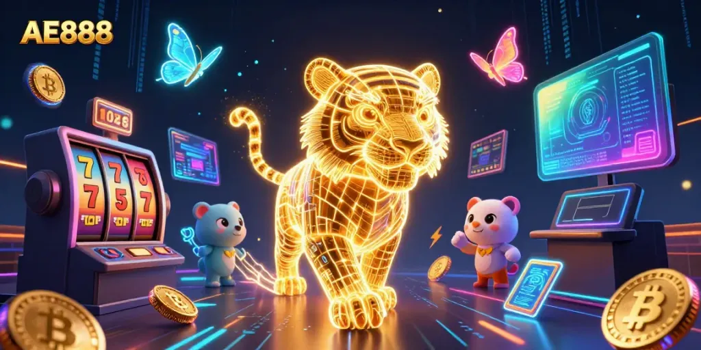 Experience thrilling gameplay at AE888 with our vibrant gaming universe illustration featuring slot reels and glamorous tigers.