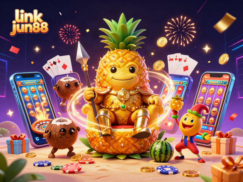 Experience the thrill at link jun88 with the vibrant beach casino scene showcasing the golden pineapple king and playful gaming elements.