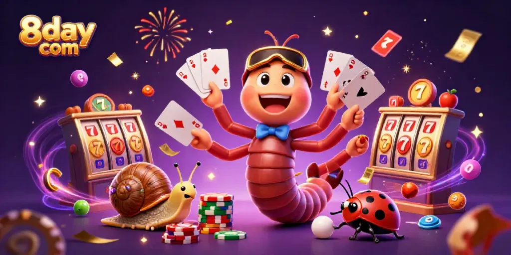 Engage with vibrant action at 8day com, as the cartoon dealer showcases exciting slot games and colorful visuals.