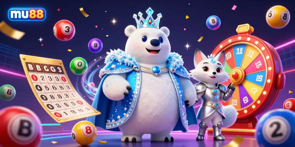 Experience the excitement of mu88 with snowy characters amidst vibrant casino elements and lively energy.