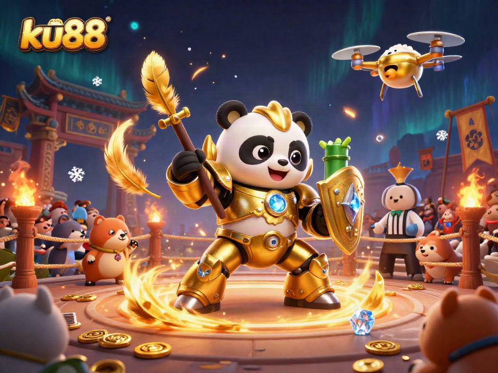 Join the action at ku88, where a golden panda pilots a fighting robot in an exciting gambling cockfighting arena.
