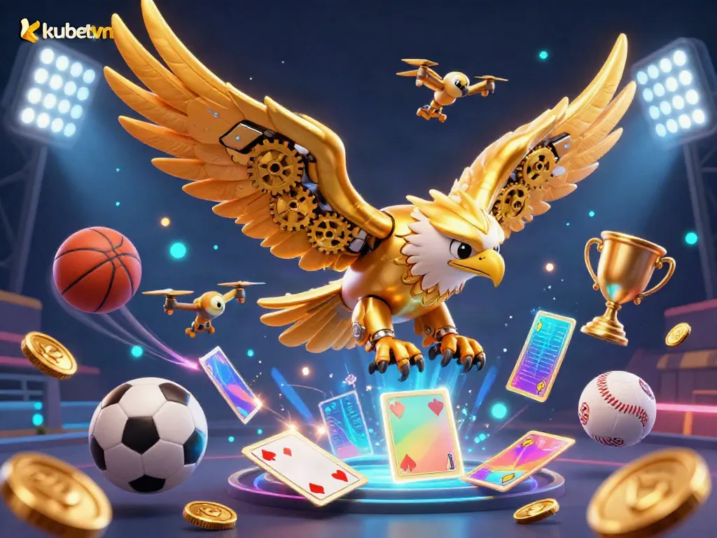 Engage with kubetvn's vibrant casino action, featuring a golden eagle soaring through holographic playing cards and dynamic sports elements.