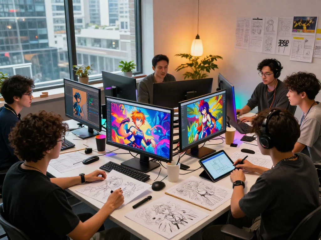 Dynamic scene of a diverse team collaborating on a hentai game in a creative studio.