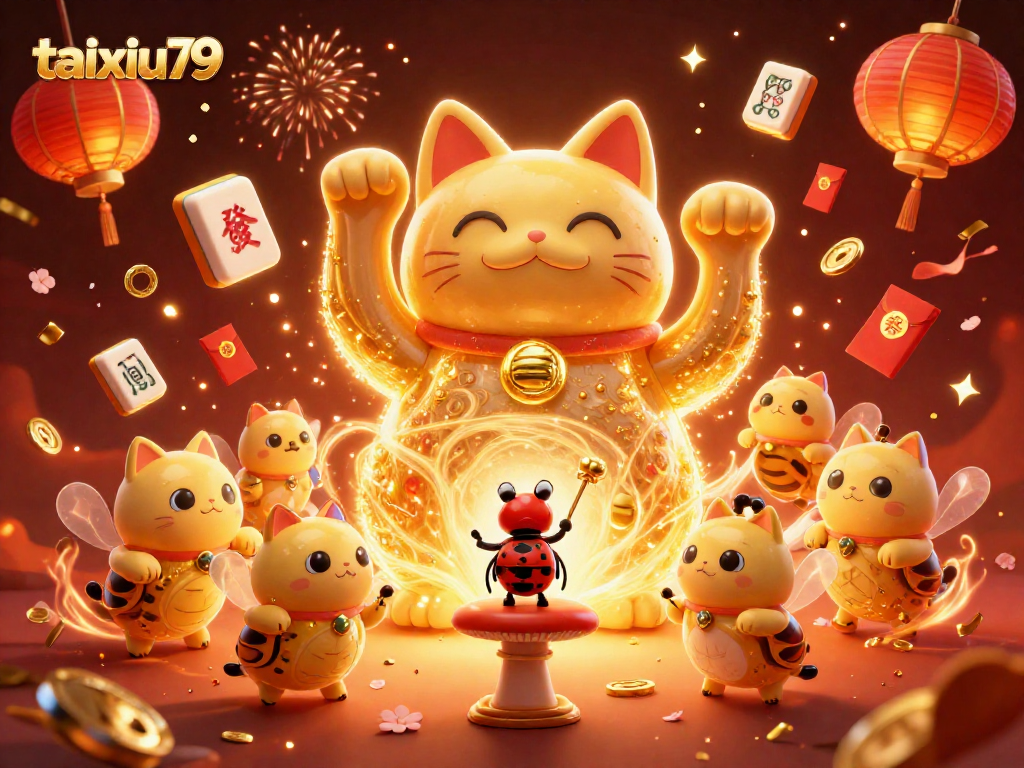 Experience the vibrant gameplay of taixiu79 with a dynamic scene featuring a lucky cat and casino elements.
