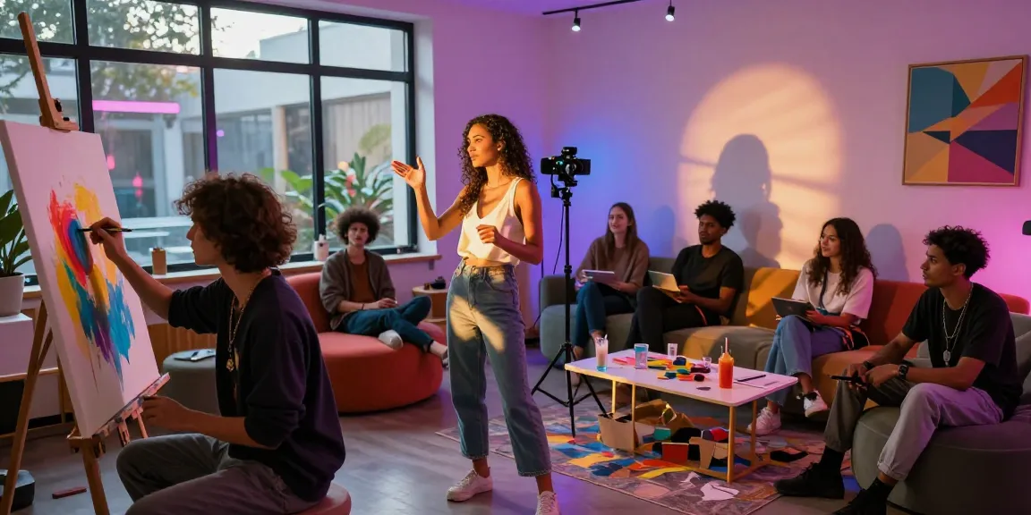 Creative arts scene featuring diverse adults exploring 18+ ai content in a vibrant studio