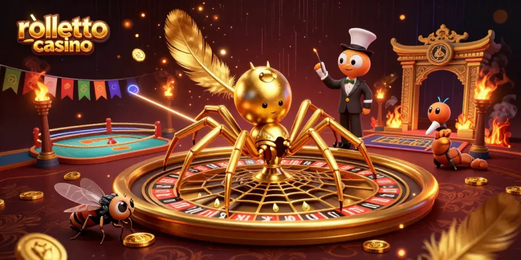 Engage with rolletto casino in a vibrant 3D scene featuring a golden spider and dynamic game elements.