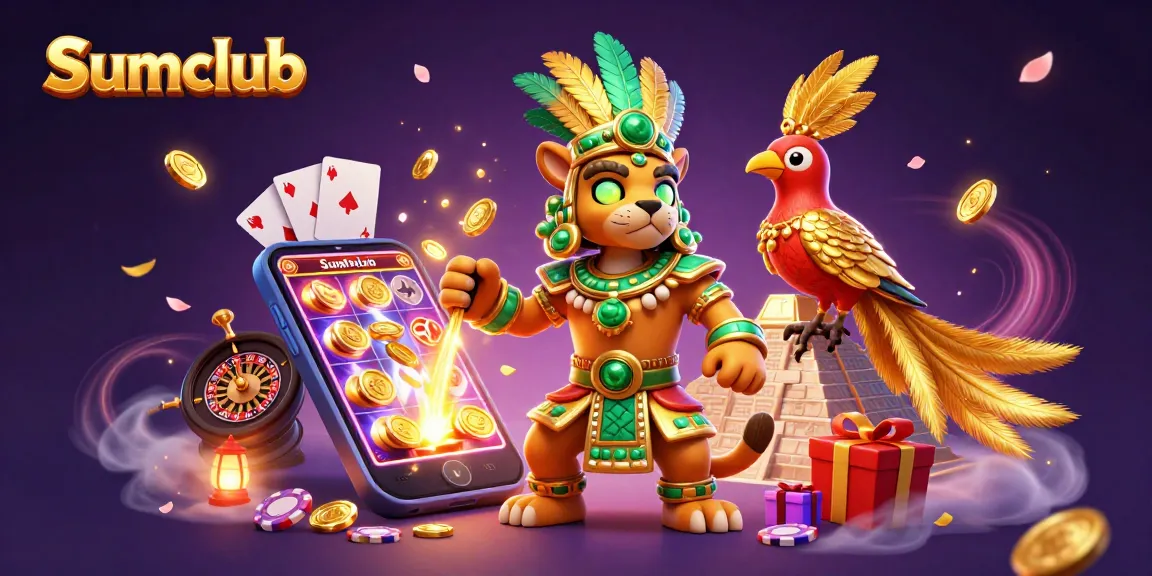 Engage in slot games at Sumclub with vibrant scenes of winnings, colorful slots, and dynamic elements.