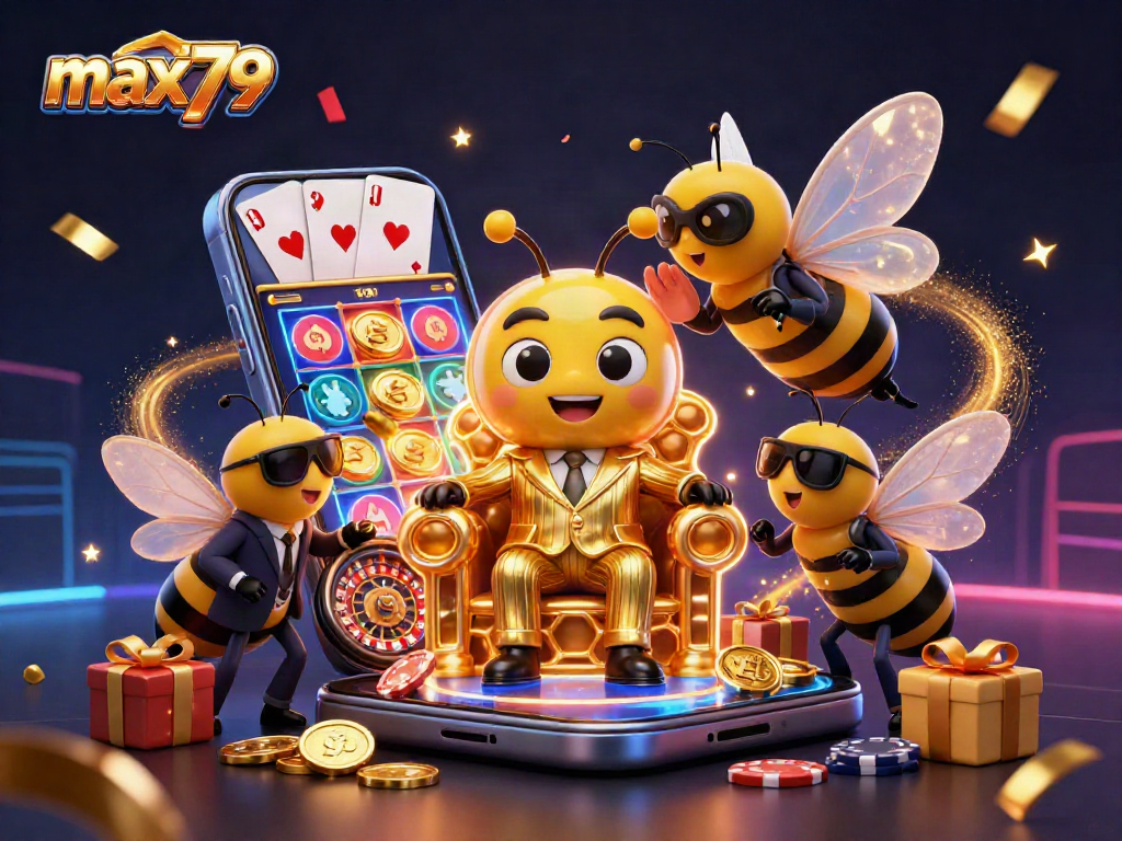 Max79 showcases dynamic casino excitement featuring a bumblebee mob boss and animated slot games.