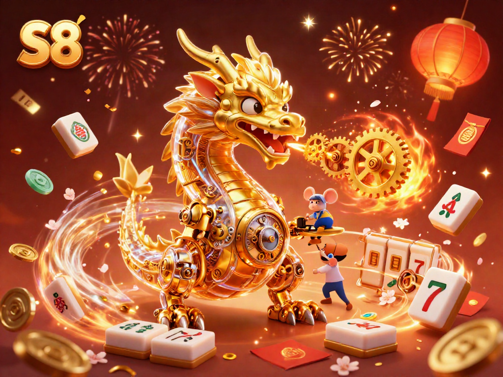 Spin the S8 slot reels with a golden dragon breathing gears, animated with festive elements.