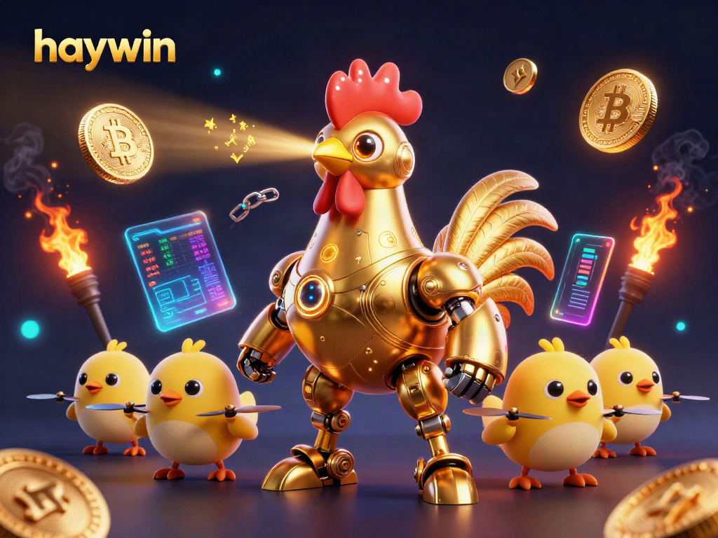 Experience haywin's thrilling action with a golden rooster robot and crypto elements showcased in vivid illustration.