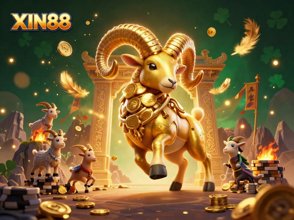 XIN88 showcases a massive golden ram charging at a golden gate with dynamic casino elements.