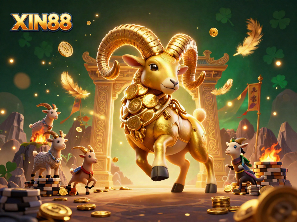XIN88 showcases a massive golden ram charging at a golden gate with dynamic casino elements.