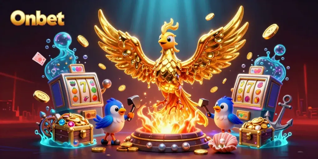 Experience the Onbet phoenix amidst golden coins, slot machines, and a vibrant casino scene.