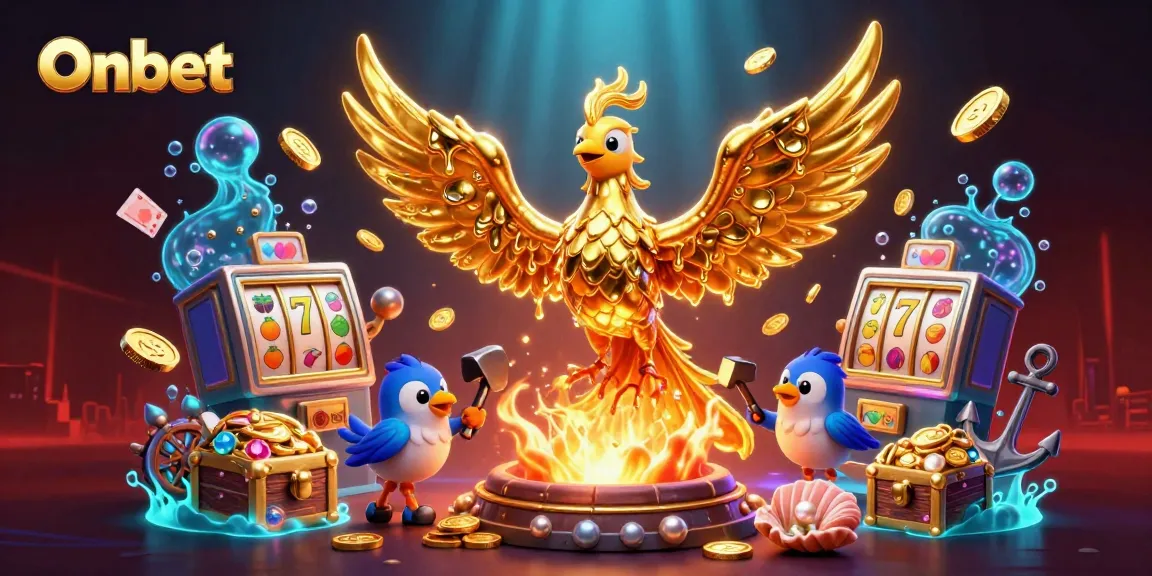 Experience the Onbet phoenix amidst golden coins, slot machines, and a vibrant casino scene.