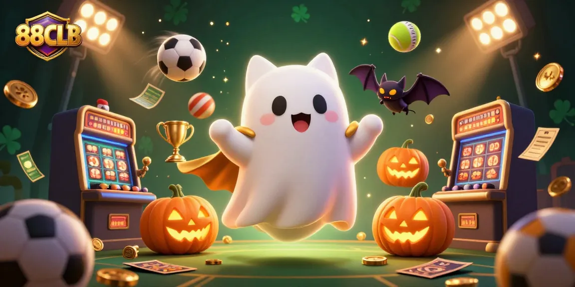 Engage with 88CLB as the ghost cat floats above vibrant casino symbols and sports elements, showcasing a thrilling gaming scene.