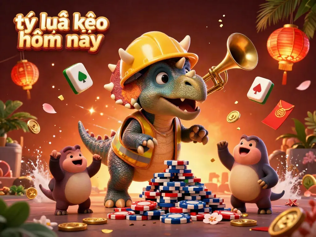 Celebrate today's tỷ lệ kèo hôm nay with a triceratops and parasaurolophus surrounded by dynamic gaming elements.