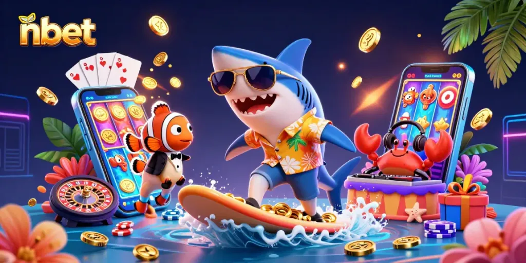 Experience the excitement of nbet with a vibrant 3D casino scene featuring a surfing shark and playful gaming elements.