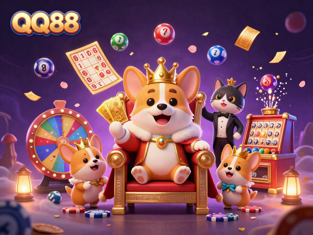 Experience the excitement of QQ88 through a vibrant 3D illustration featuring royal corgi and casino-themed elements.