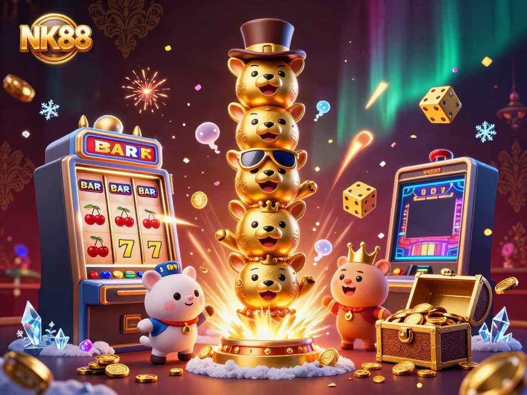 Experience the vibrant NK88 casino world with a whimsical 3D totem and exploding jackpots.