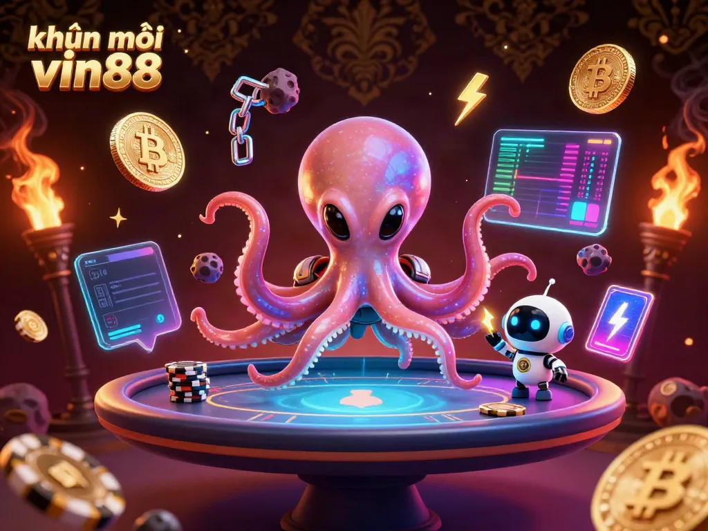 Experience khuyến mãi vin88 as a vibrant alien octopus operates a holographic poker table in this engaging 3D illustration.