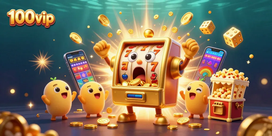 Experience the excitement of 100vip as a golden slot machine hits the jackpot amidst coins and cheering characters.