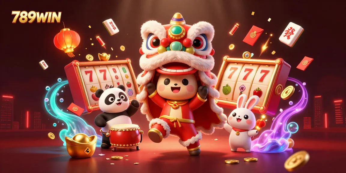 Engage with 789WIN's vibrant slot gaming scene featuring festive characters in a lively casino atmosphere.