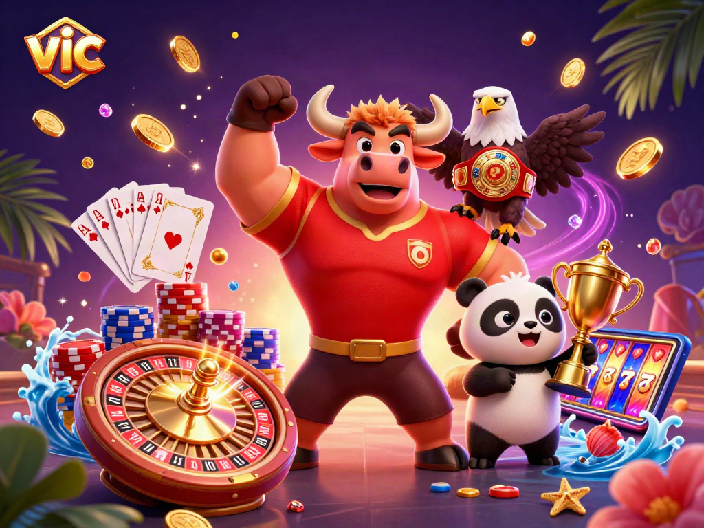 Win big with vic as a bull mascot, eagle champion, and panda trophy holder in a vibrant casino scene.