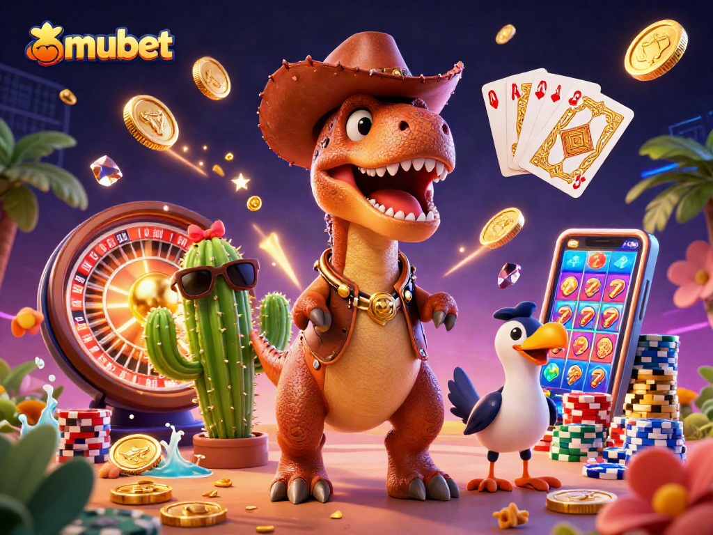 Spin the 3D roulette wheel with T-Rex and friends in this vibrant mubet casino scene.