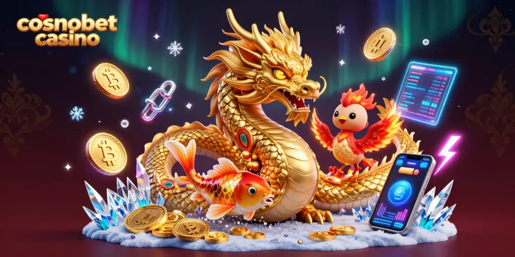 Engage with cosmobet casino's thrilling atmosphere, featuring a majestic dragon and vibrant crypto elements.