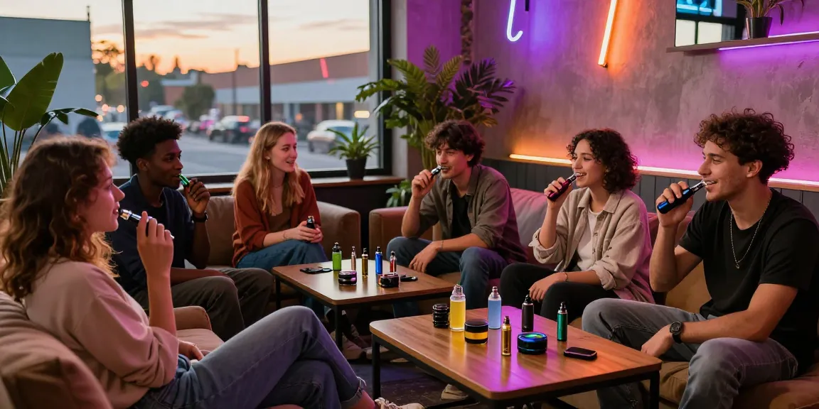 Group enjoying weed vapes in a lively urban lounge atmosphere, showcasing modern social interaction.