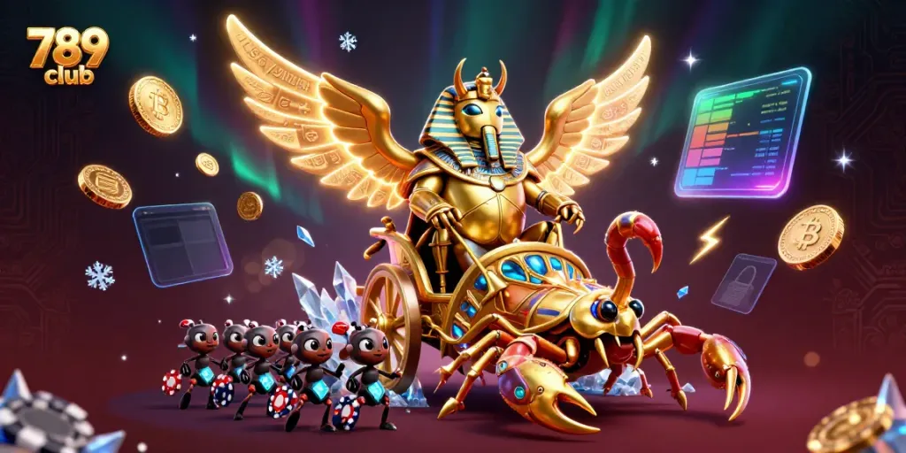 Win big at 789 club with a vibrant casino scene featuring a golden scarab and dynamic game elements.