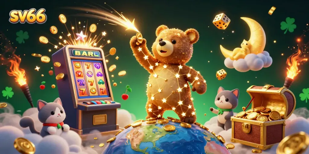 Experience the excitement of sv66 with dazzling 3D casino elements, golden coins, and vibrant characters.