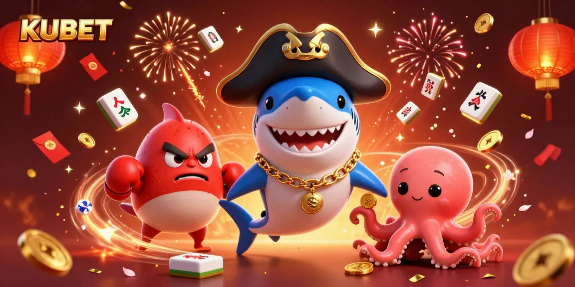 KUBET's vibrant cartoon scene showcases a pirate shark, pufferfish, and octopus celebrating with gold coins and festive elements.