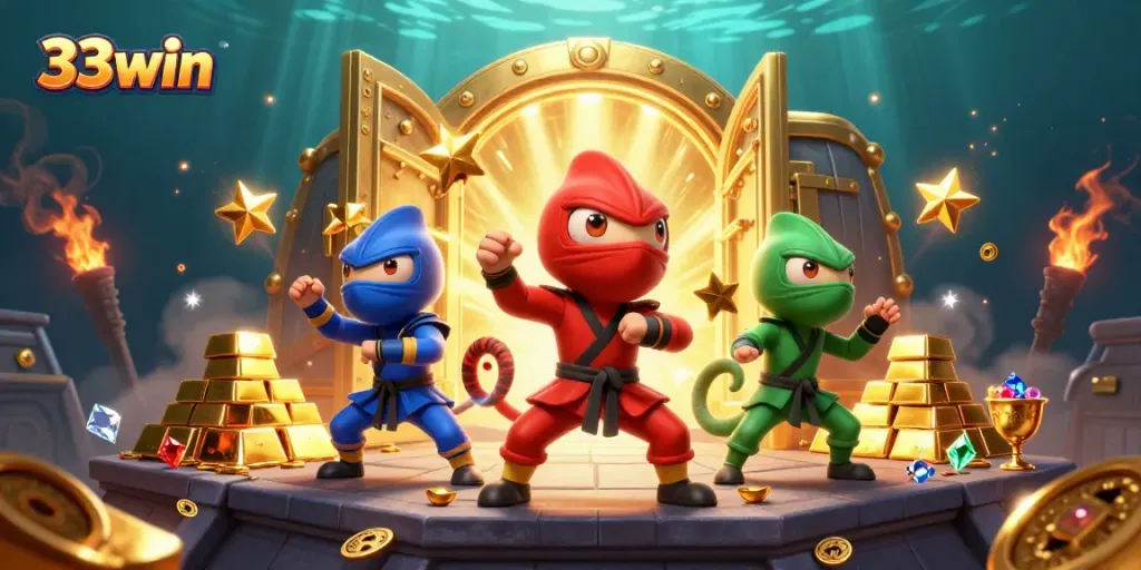 Experience thrilling wins at 33win with a dynamic scene of ninja chameleons and treasures.