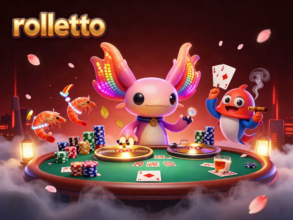 Rolletto's vibrant casino scene showcases a neon axolotl DJ spinning while shrimp dance, capturing the casino excitement.